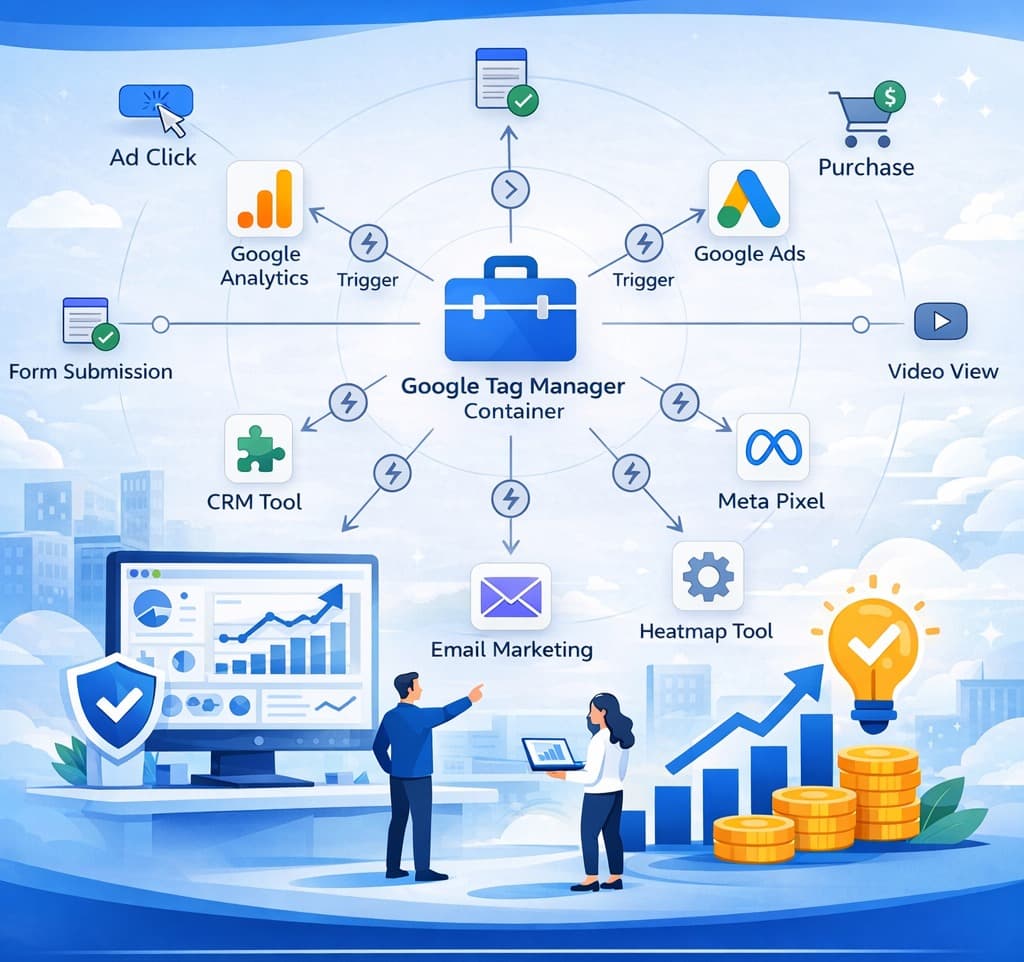 Diagram showing Google Tag Manager routing ad clicks and form submissions to Google Analytics 4, Meta Pixel, and CRM tools